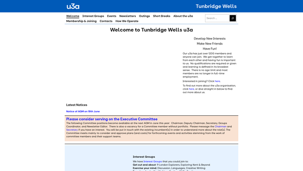 Screenshot of the Tunbridge Wells u3a website