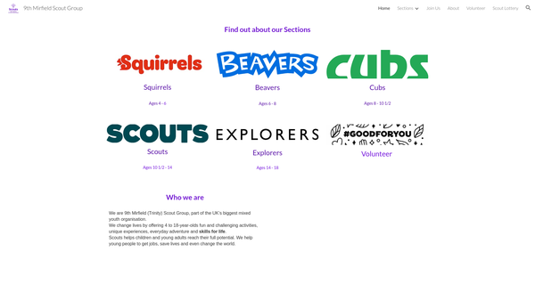 Screenshot of the 9th Mirfield (Trinity) Scout Group website