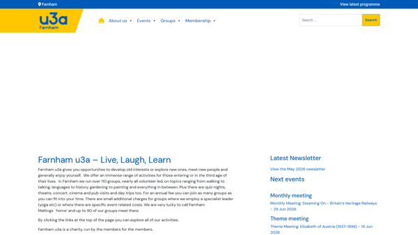 Screenshot of the The University Of The Third Age Farnham And District website