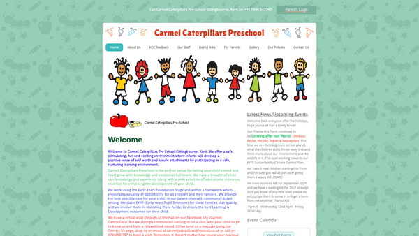 Screenshot of the Carmel Caterpillars Pre-School website