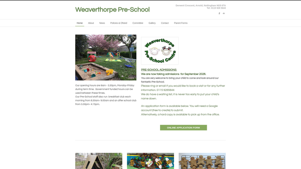 Screenshot of the Weaverthorpe Pre-School Centre website