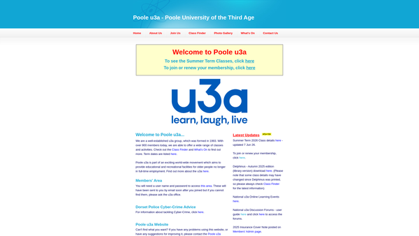 Screenshot of the Poole University Of The Third Age website