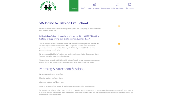 Screenshot of the Hillside Pre-School website