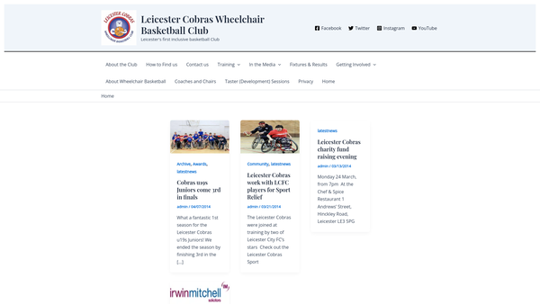 Screenshot of the Leicester Cobras Wheelchair Basketball Club website