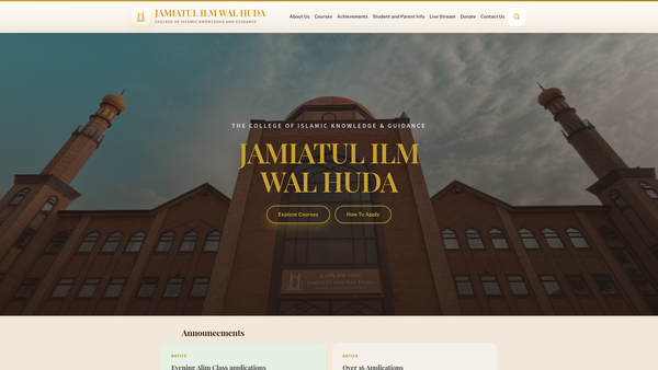 Screenshot of the Jamiatul-Ilm Wal-Huda UK website
