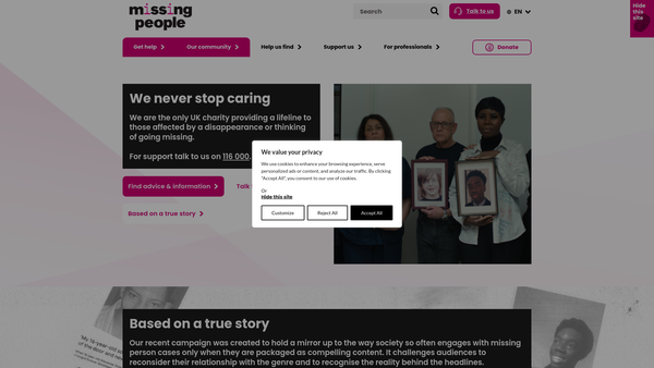 Screenshot of the Missing People Limited website