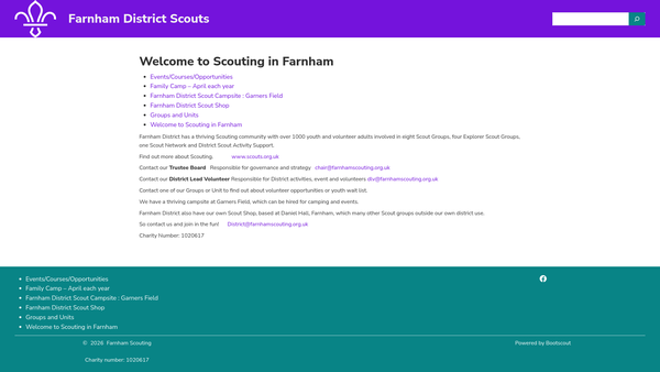 Screenshot of the Farnham District Scout Council website