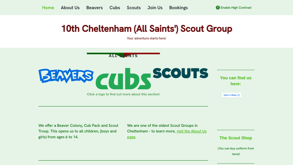 Screenshot of the 10th Cheltenham (All Saints) Scout Group website