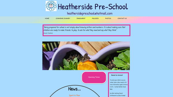 Screenshot of the Heatherside Pre-School website