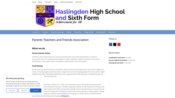 Screenshot of the Haslingden High School Parents Teachers And Friends Association website