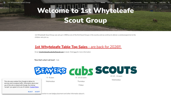 Screenshot of the 1st Whyteleafe Scout Group website