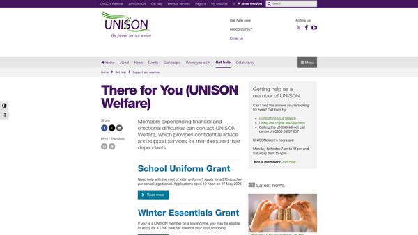 Screenshot of the Unison Welfare website