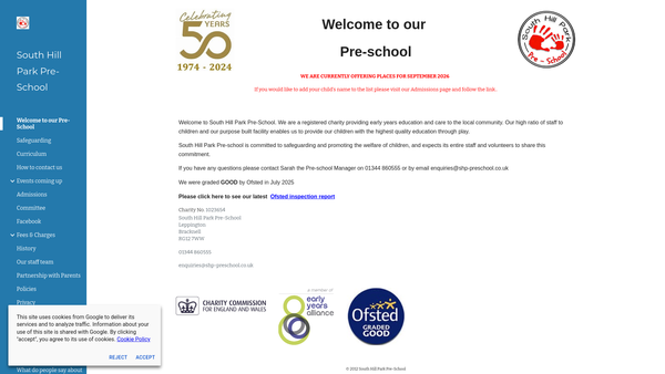 Screenshot of the South Hill Park Pre-School website