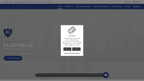 Screenshot of the Fleetville Junior School Parent Teachers Association (PTA) website