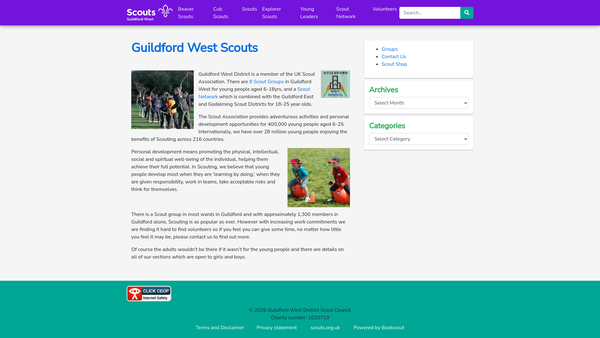 Screenshot of the Guildford West District Scout Council website
