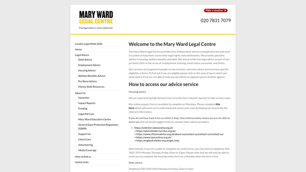Screenshot of the Mary Ward Legal Centre website