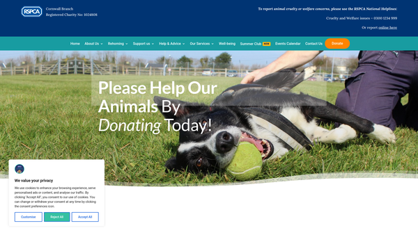 Screenshot of the Royal Society For The Prevention Of Cruelty To Animals Cornwall Branch website