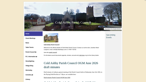 Screenshot of the Cold Ashby Village Hall website