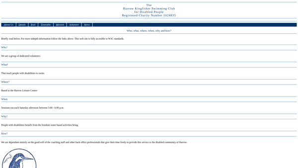Screenshot of the The Harrow Kingfisher Swimming Club For Disabled People website