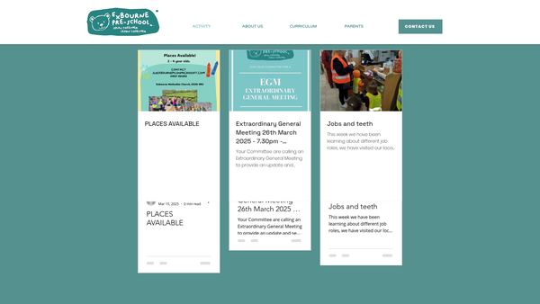 Screenshot of the Exbourne Pre-School website