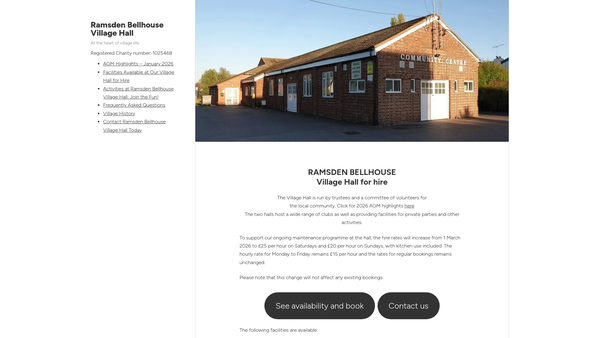 Screenshot of the Ramsden Bellhouse Village Hall website