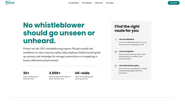 Screenshot of the Protect (Whistleblowing Advice) Limited website