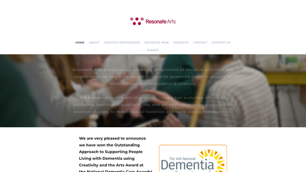 Screenshot of the Westminster Arts website