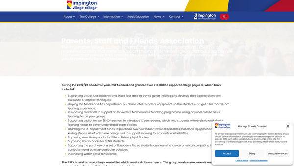 Screenshot of the Impington Village College Parent Staff And Friends Association website