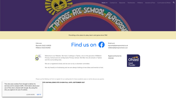 Screenshot of the Tiptree Pre-School Playgroup website