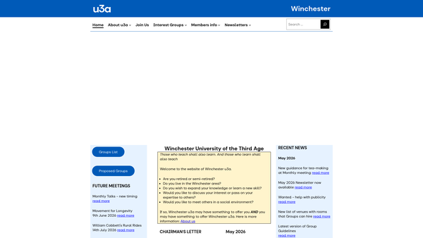 Screenshot of the Winchester University Of The Third Age website