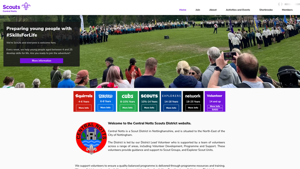 Screenshot of the Central Nottinghamshire District Scout Council website