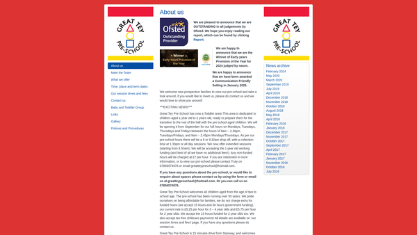 Screenshot of the Great Tey Pre-School website