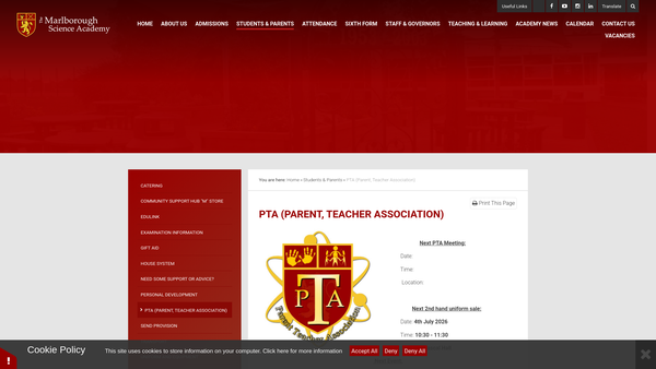 Screenshot of the Marlborough Grant Maintained School Parent Teachers Association website