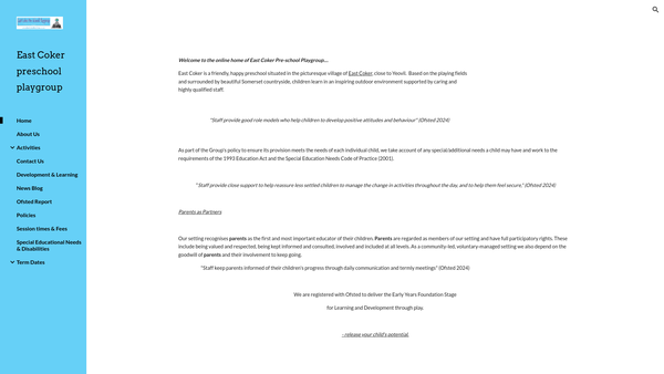 Screenshot of the East Coker Playgroup website