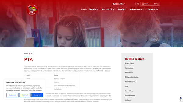 Screenshot of the Thorns Parent Teacher Association website