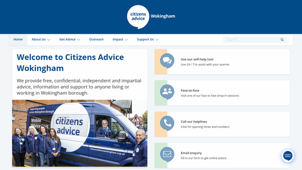Screenshot of the Wokingham And District Citizens Advice Bureau website