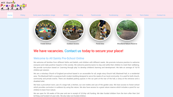 Screenshot of the All Saints Preschool website