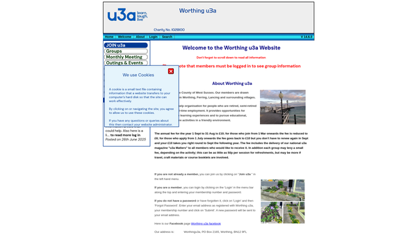 Screenshot of the Worthing u3a website