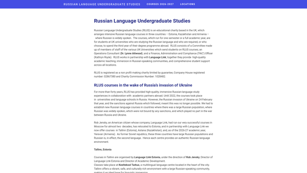 Screenshot of the Russian Language Undergraduate Studies Limited website