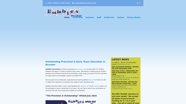 Screenshot of the Bubbles Preschool (Bicester) website