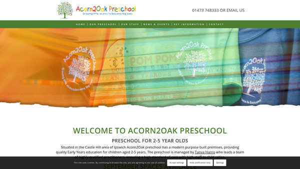 Screenshot of the Acorn2oak Preschool website