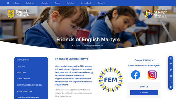 Screenshot of the English Martyrs School Parent Teacher Association (Derbyshire) website