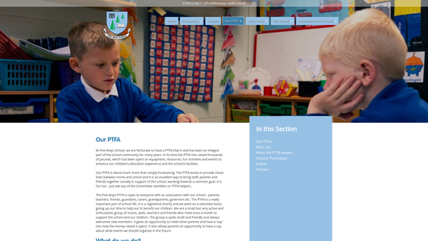 Screenshot of the Parents Teachers And Friends Of Five Ways website
