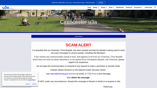 Screenshot of the University Of The Third Age Cirencester Branch website
