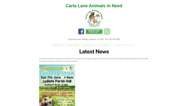 Screenshot of the Carla Lane Animals In Need website