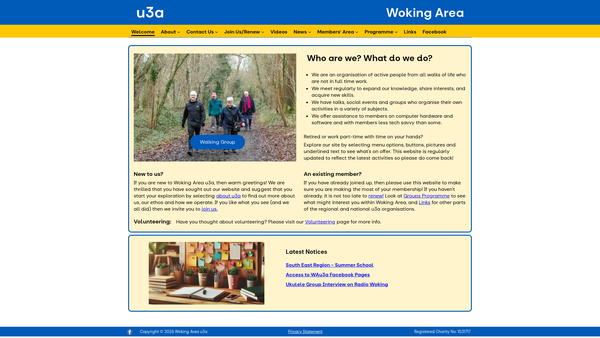 Screenshot of the Woking Area U3A website