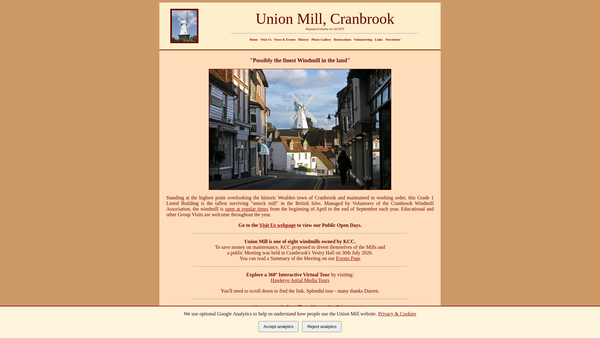 Screenshot of the Cranbrook Windmill Association website