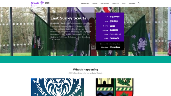 Screenshot of the East Surrey District Scout Council website