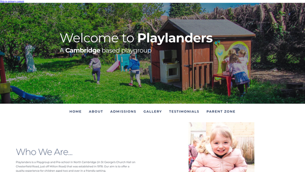 Screenshot of the Playlanders Pre-School website