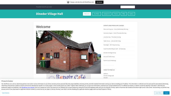 Screenshot of the Dinedor Village Hall website